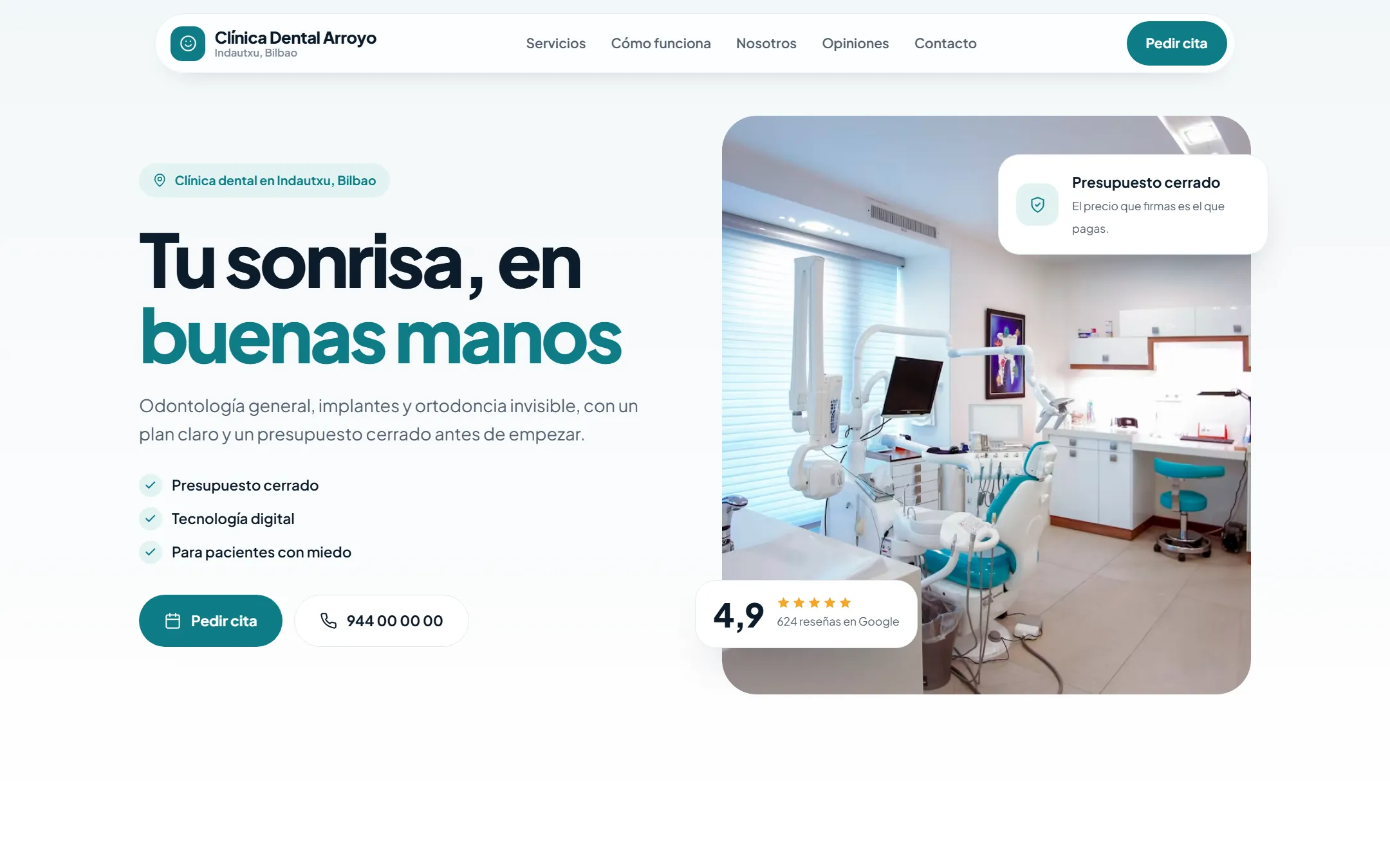 Web de una clínica dental creada con YaWeb, con valoración, horario y tratamientos